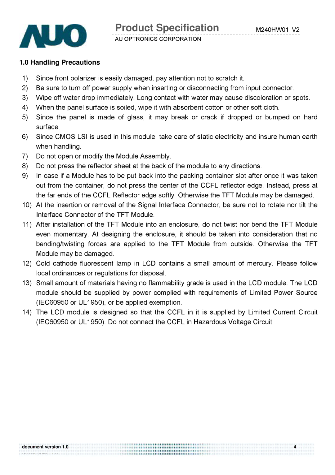 Acer D240H service manual Handling Precautions 