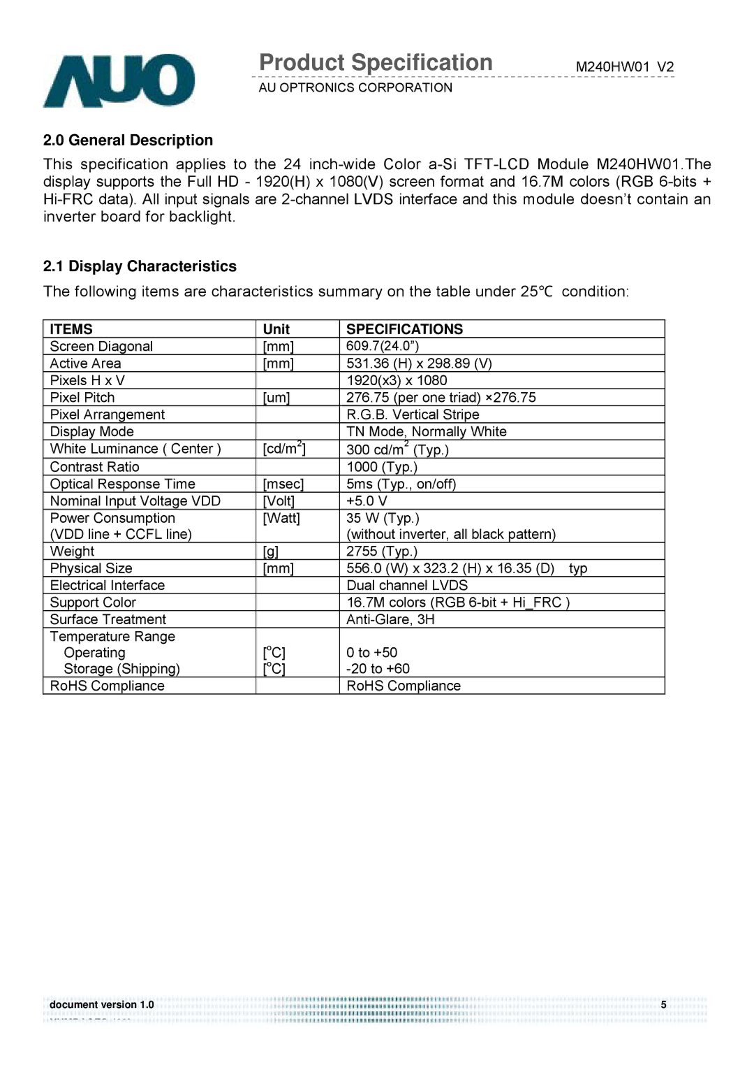 Acer D240H service manual General Description, Display Characteristics 