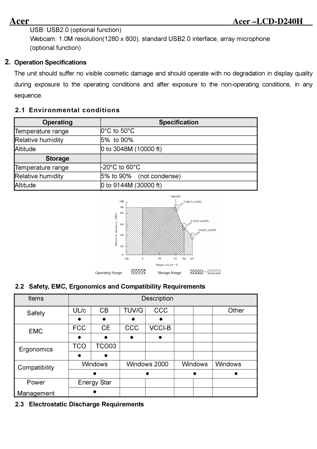 Acer D240H service manual Operation Specifications, Environmental conditions Operating Specification, Storage 