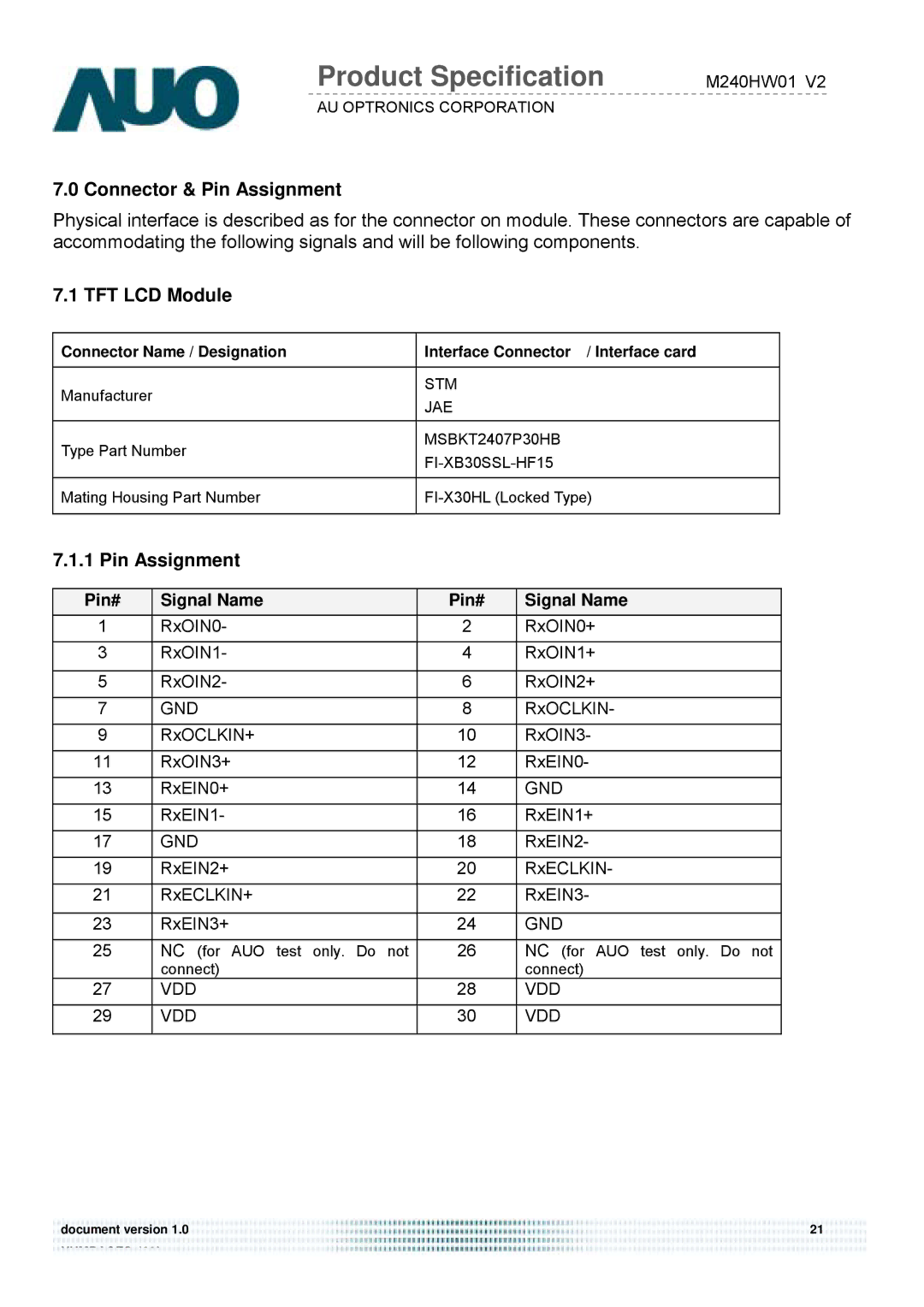 Acer D240H service manual Connector & Pin Assignment 