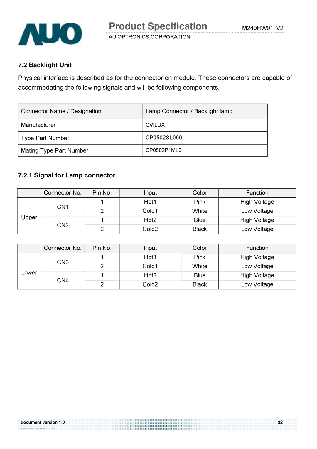 Acer D240H service manual Backlight Unit, Signal for Lamp connector 