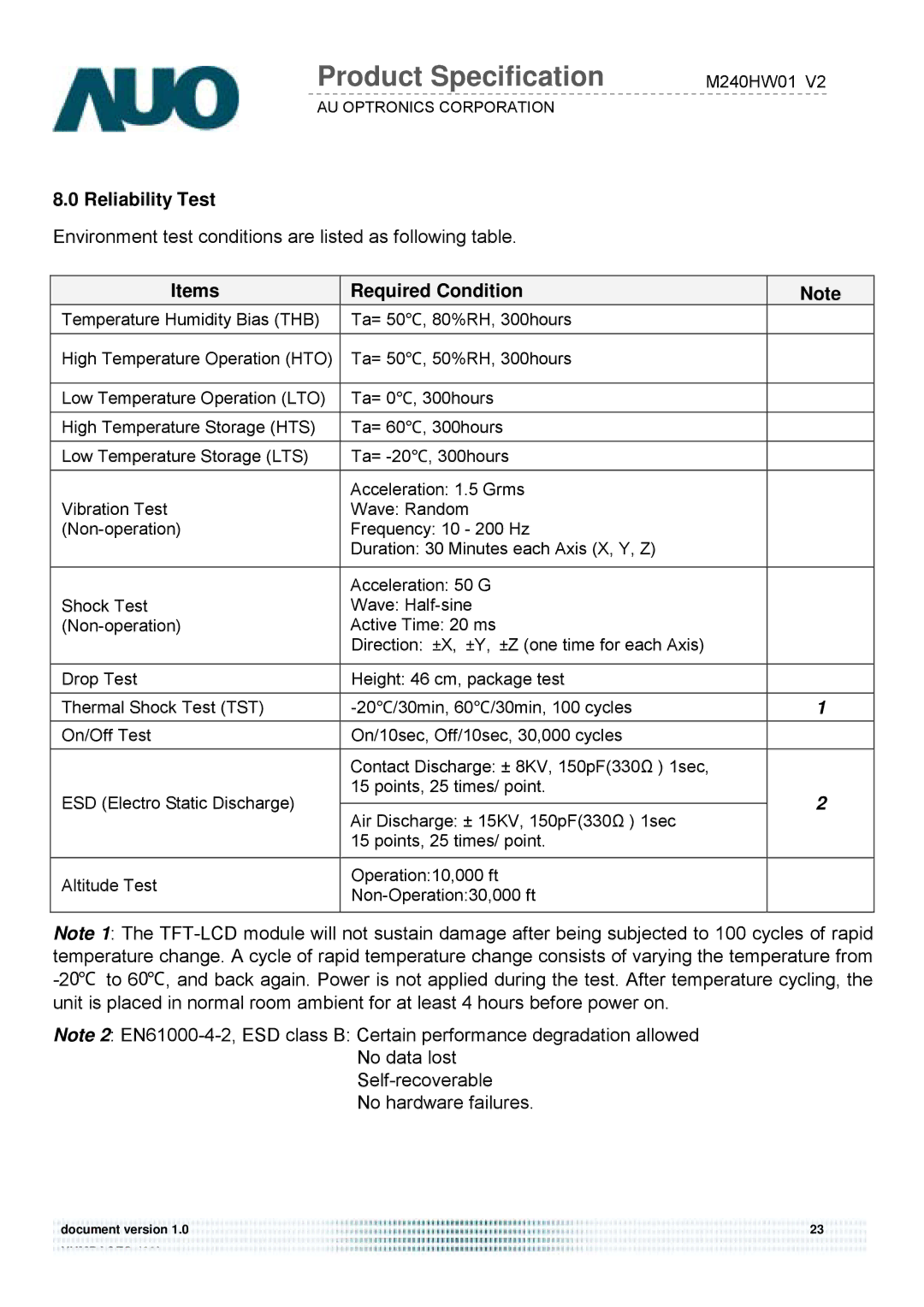 Acer D240H service manual Reliability Test, Items Required Condition 