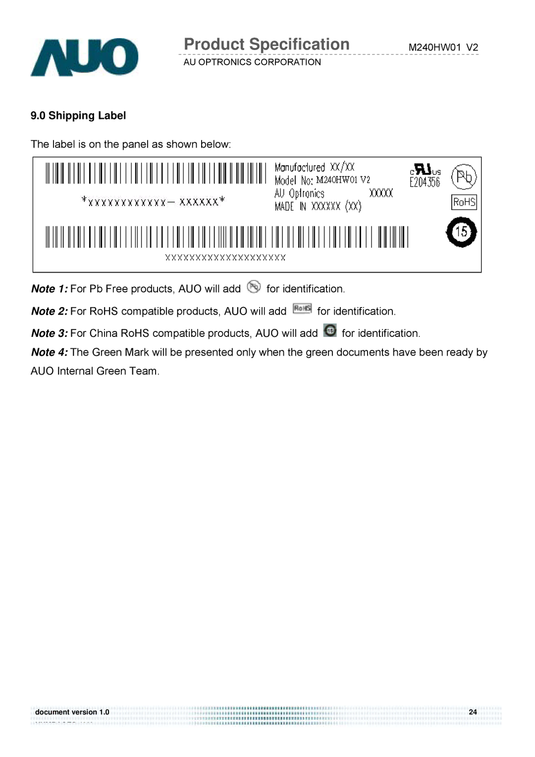 Acer D240H service manual Shipping Label 