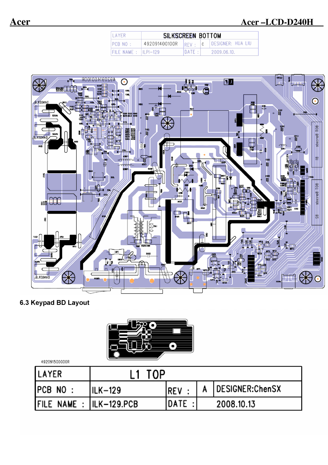 Acer D240H service manual Keypad BD Layout 