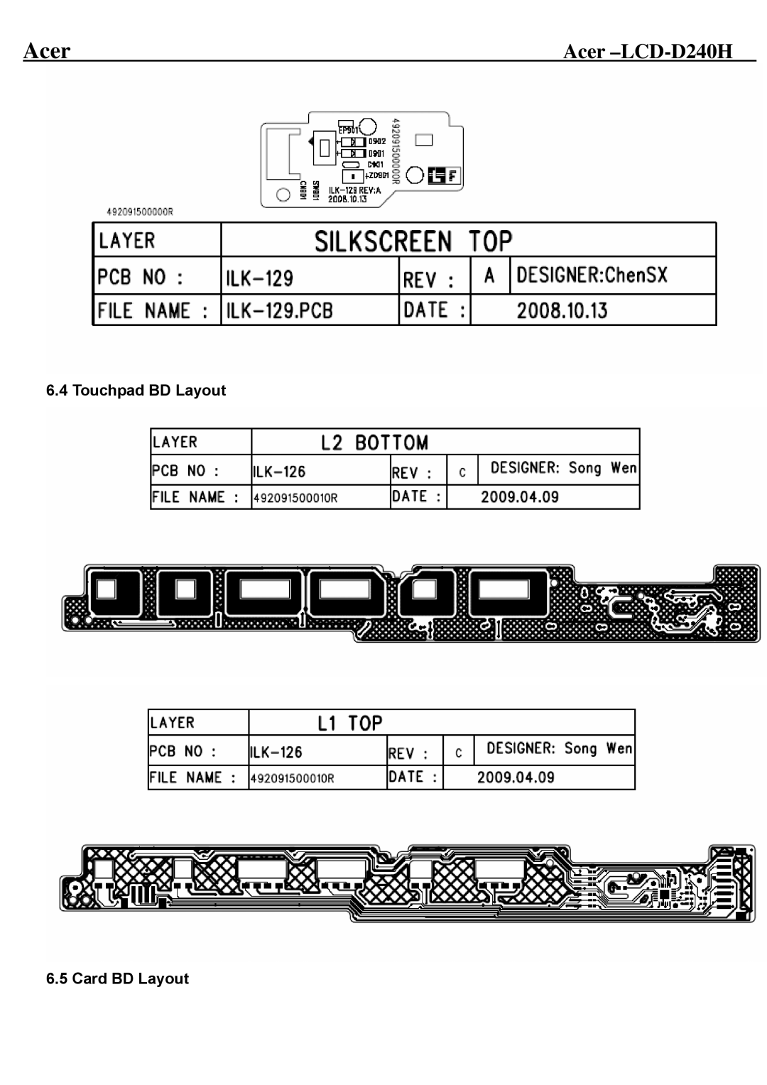 Acer D240H service manual Touchpad BD Layout Card BD Layout 