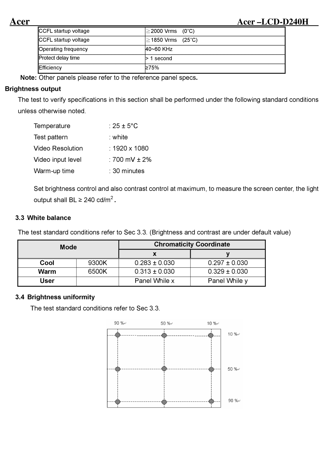 Acer D240H Brightness output, White balance, Mode Chromaticity Coordinate Cool, Warm, User, Brightness uniformity 