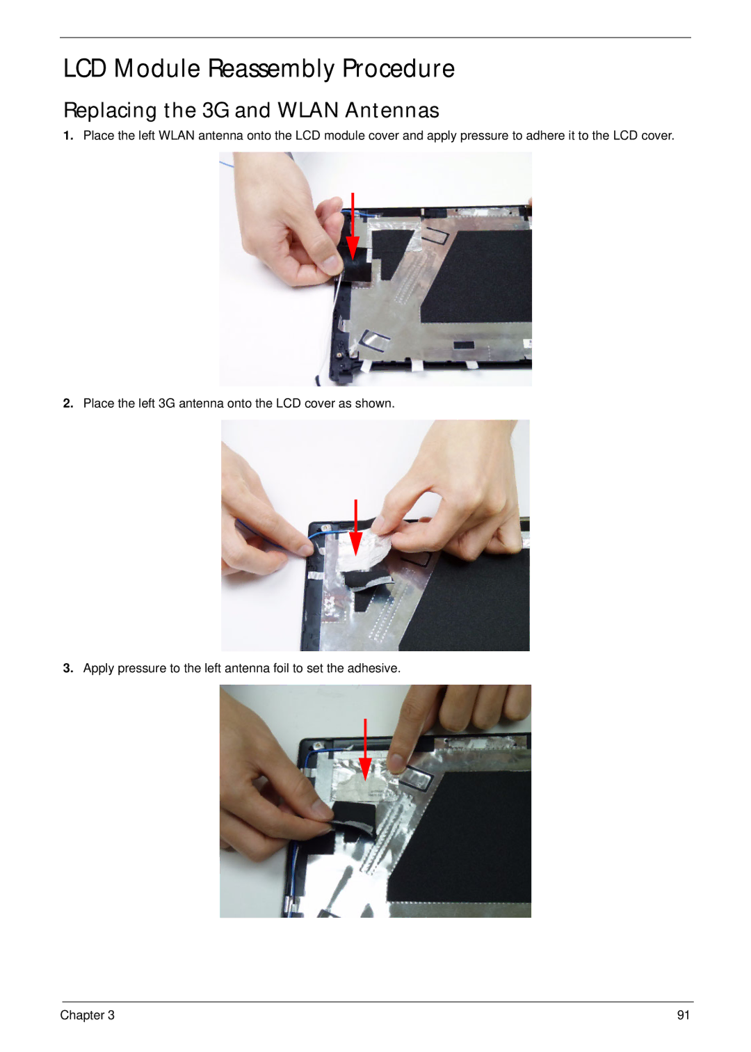 Acer D255 manual LCD Module Reassembly Procedure, Replacing the 3G and Wlan Antennas 