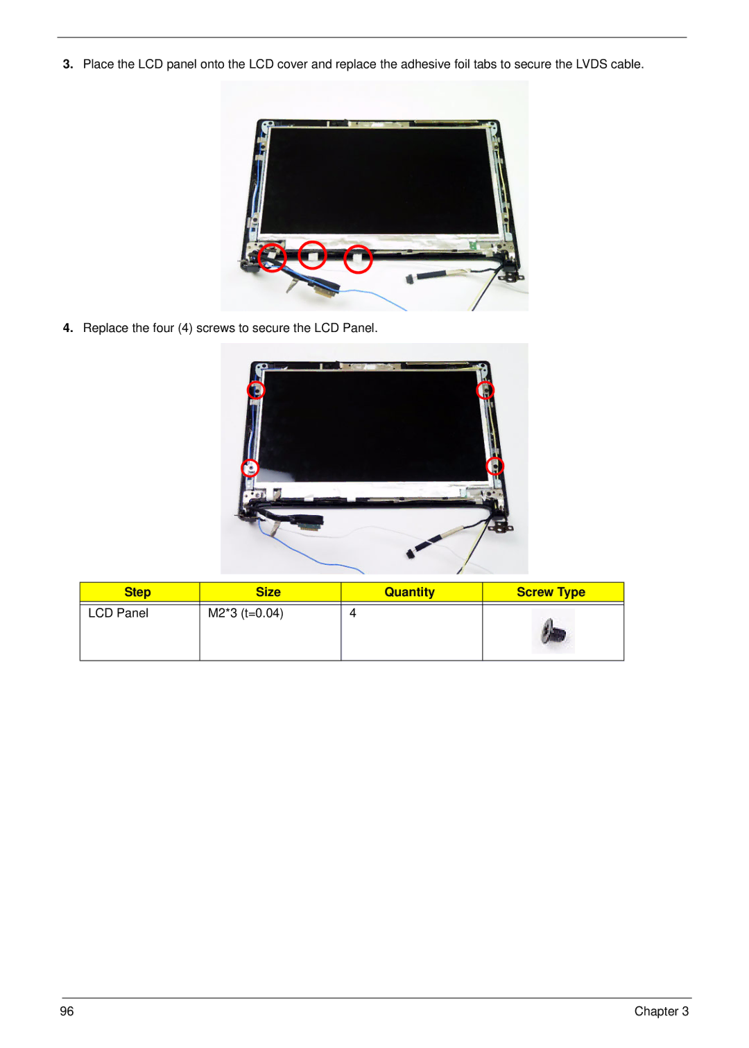 Acer D255 manual Step Size Quantity Screw Type LCD Panel M2*3 t=0.04 