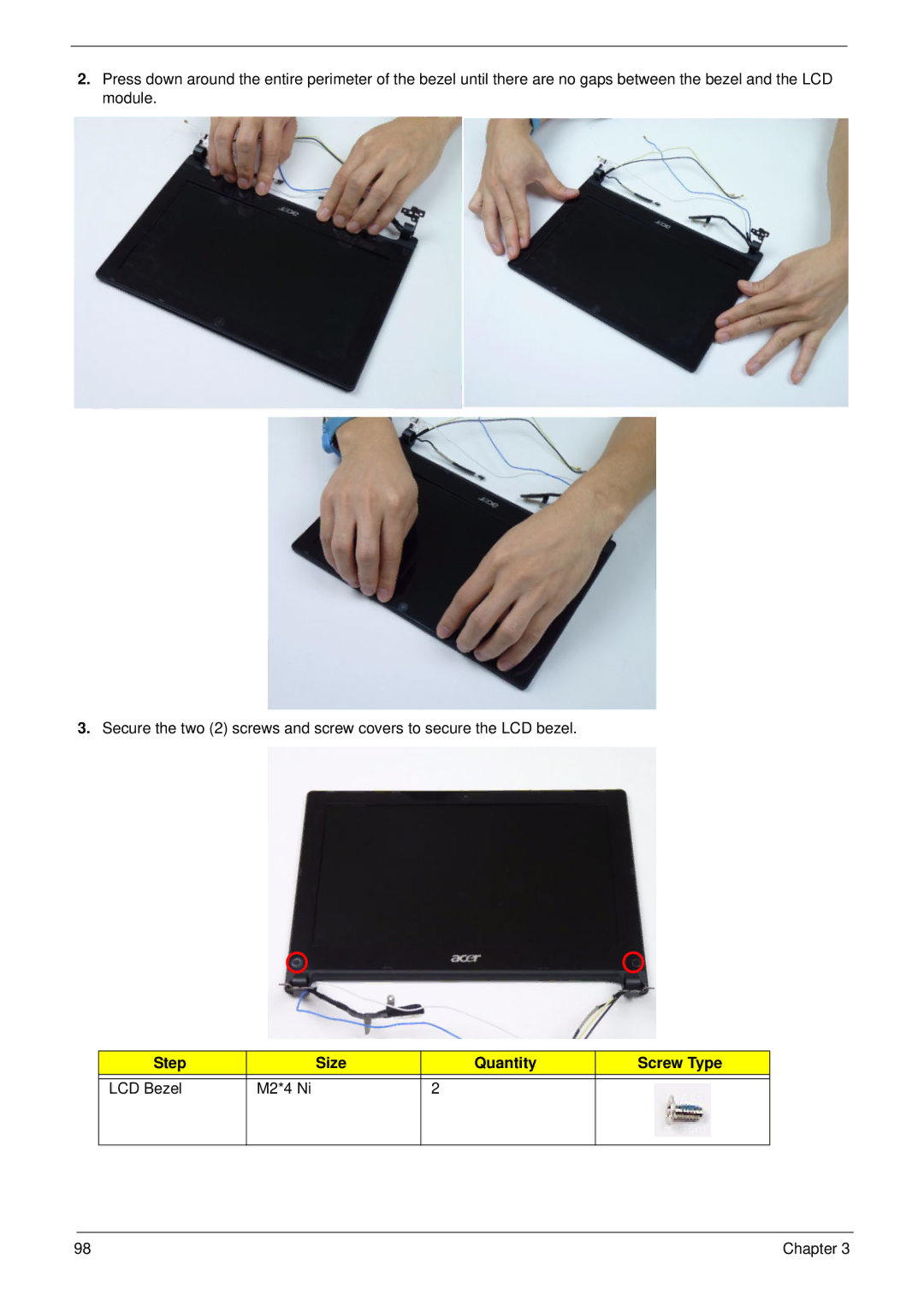 Acer D255 manual Step Size Quantity Screw Type LCD Bezel M2*4 Ni 