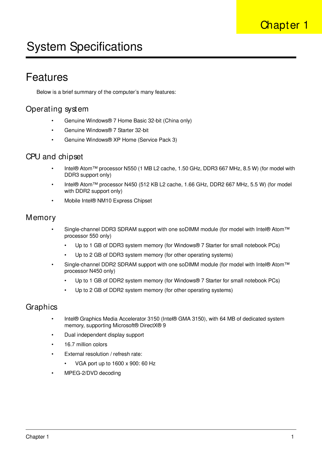 Acer D255 manual Chapter, Features 