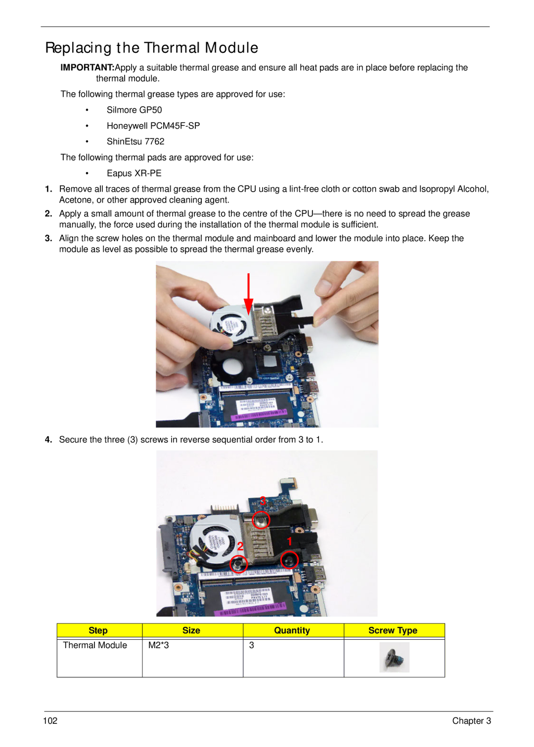 Acer D255 manual Replacing the Thermal Module, Step Size Quantity Screw Type Thermal Module M2*3 