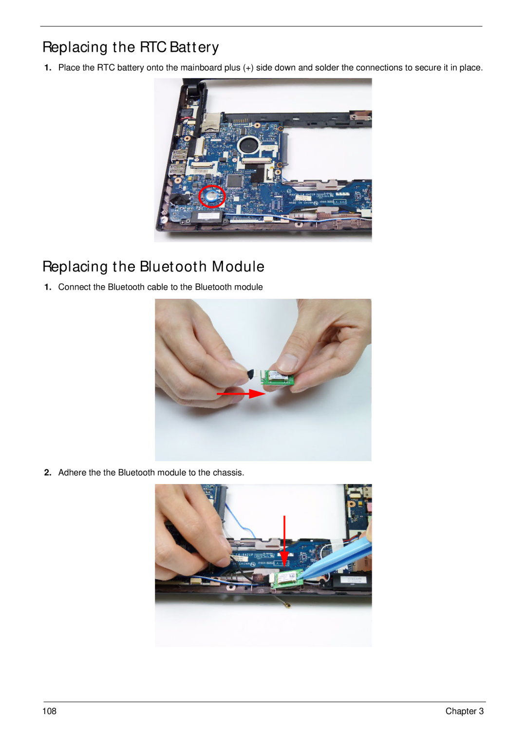 Acer D255 manual Replacing the RTC Battery, Replacing the Bluetooth Module 