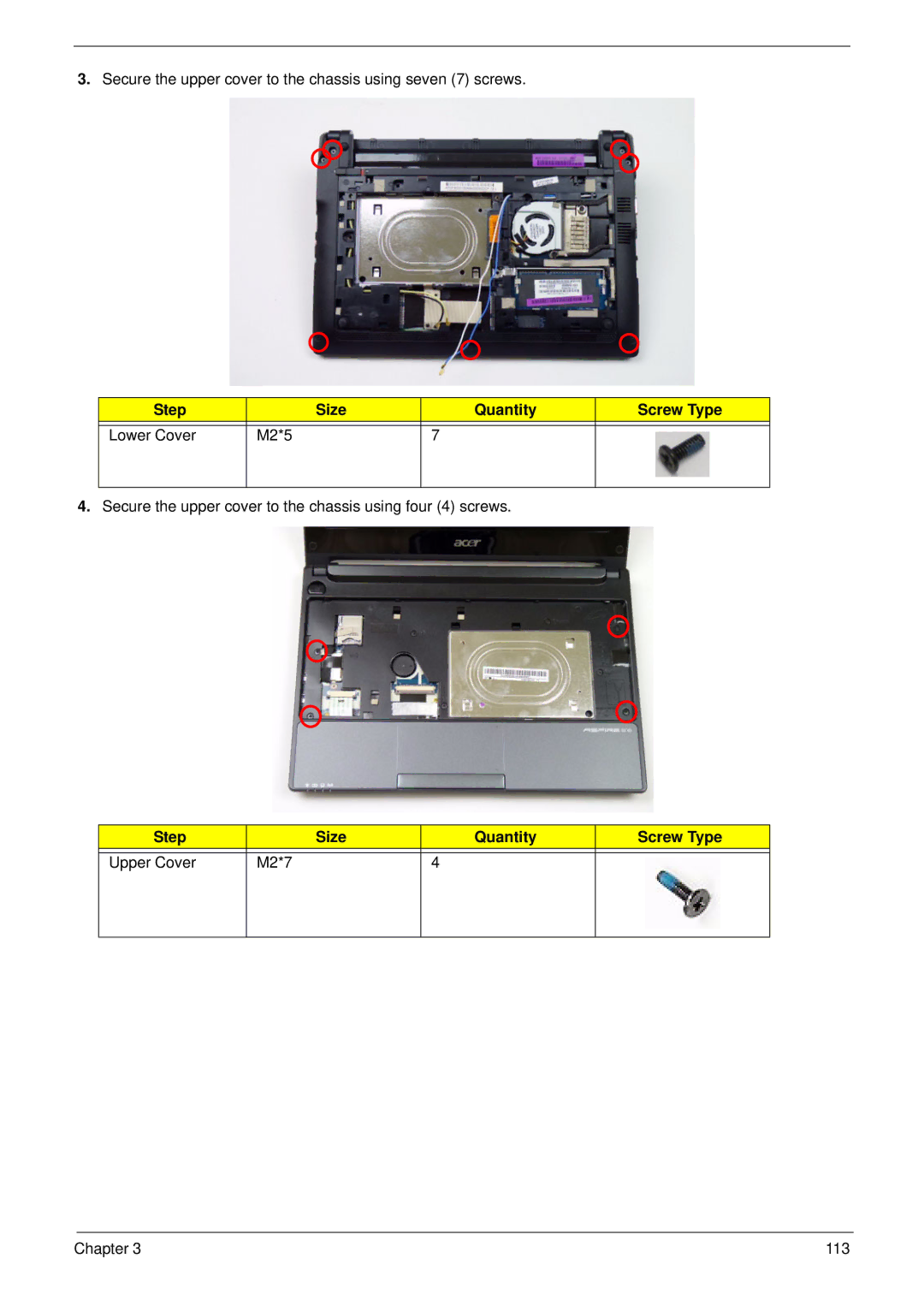 Acer D255 manual Secure the upper cover to the chassis using seven 7 screws 