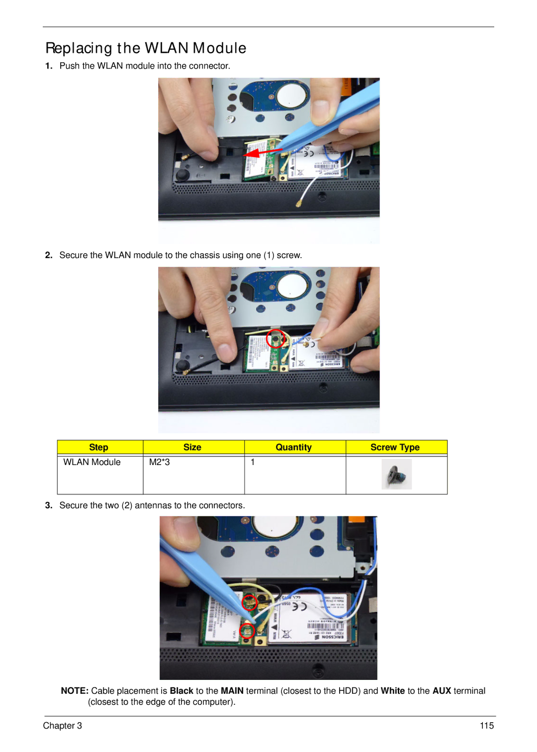 Acer D255 manual Replacing the Wlan Module, Step Size Quantity Screw Type Wlan Module M2*3 