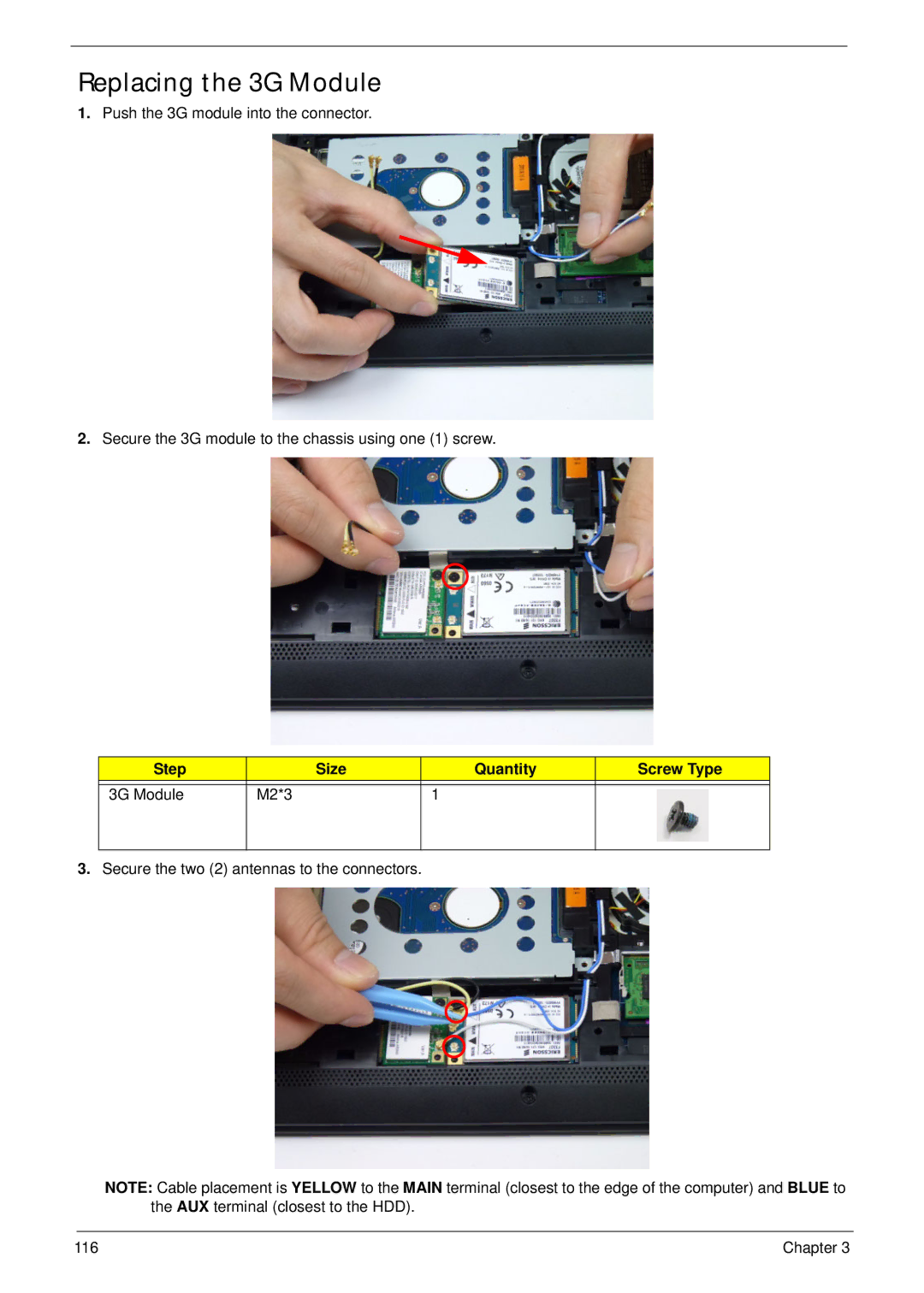 Acer D255 manual Replacing the 3G Module, Step Size Quantity Screw Type 3G Module M2*3 