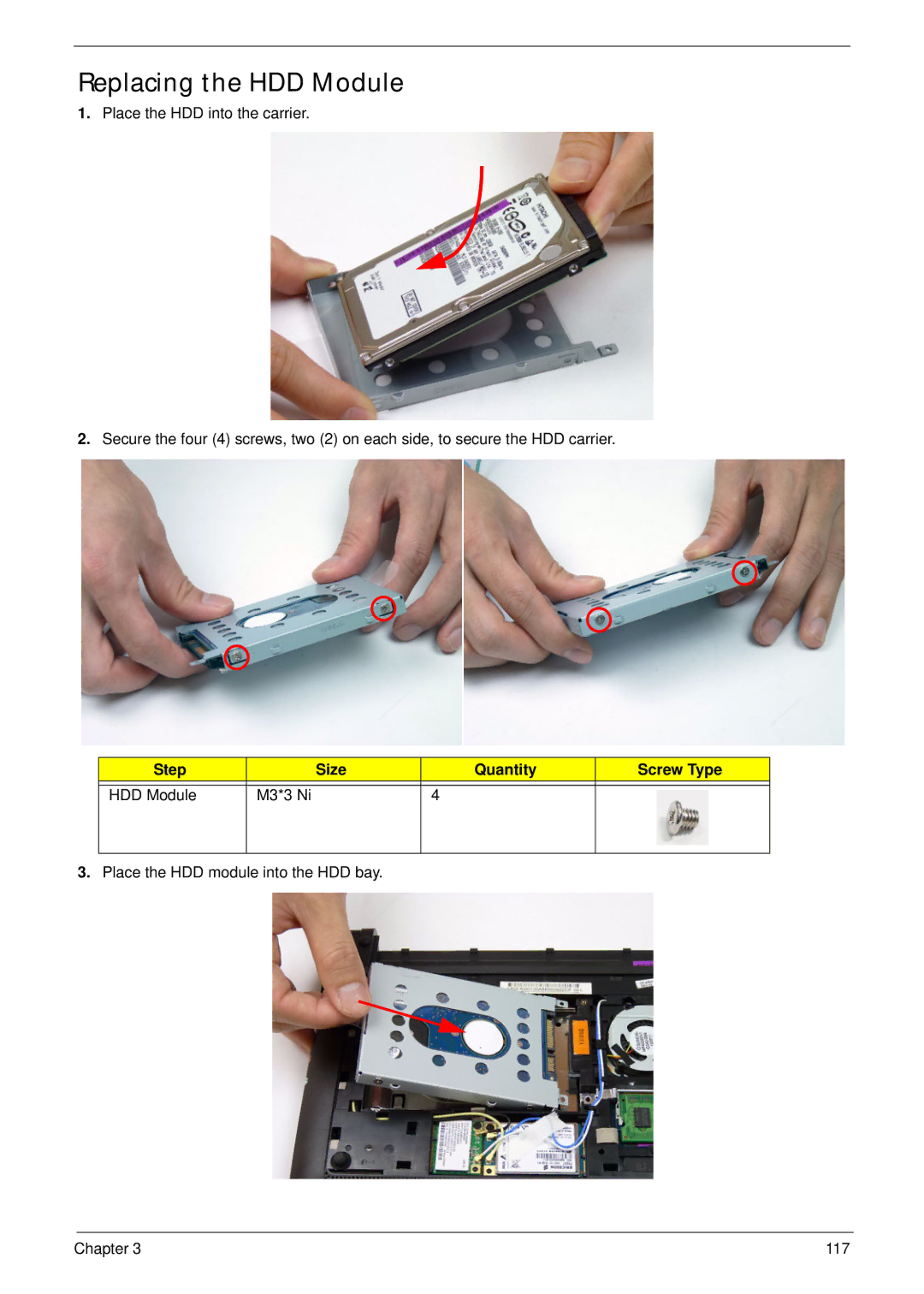 Acer D255 manual Replacing the HDD Module, Step Size Quantity Screw Type HDD Module M3*3 Ni 