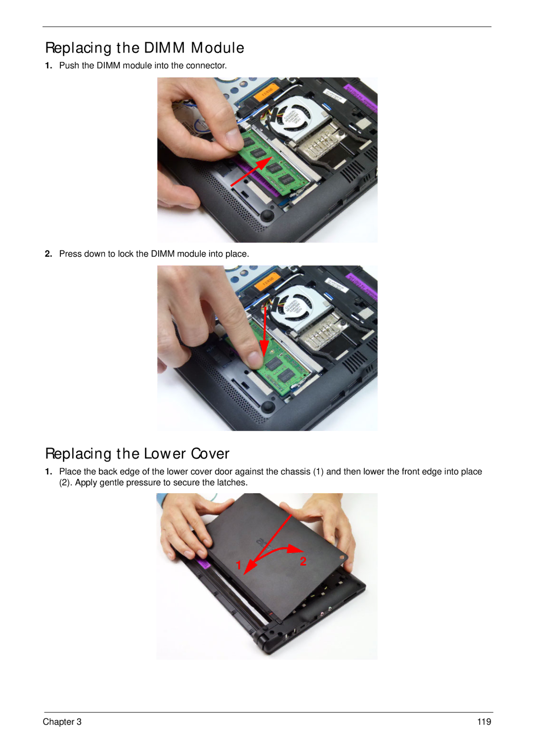 Acer D255 manual Replacing the Dimm Module, Replacing the Lower Cover 