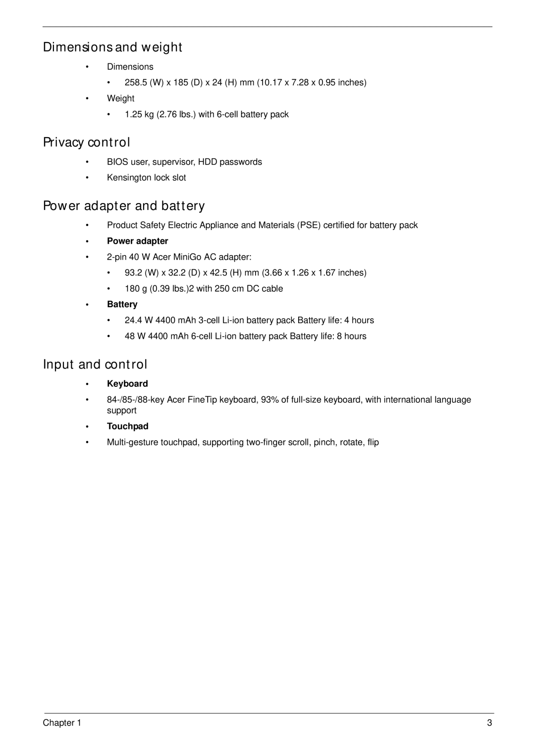 Acer D255 manual Dimensions and weight, Privacy control, Power adapter and battery, Input and control 