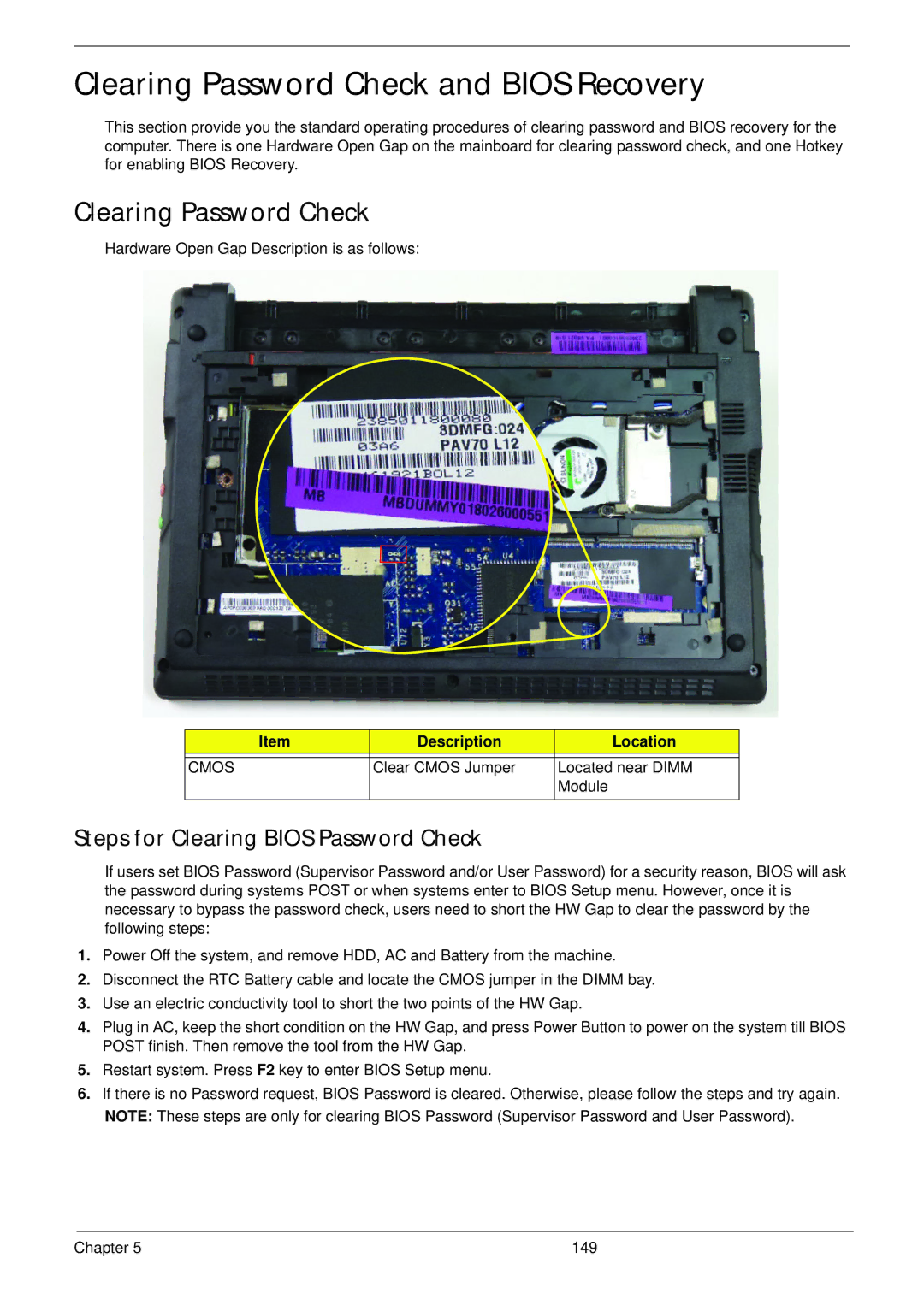 Acer D255 manual Clearing Password Check and Bios Recovery, Steps for Clearing Bios Password Check, Description Location 