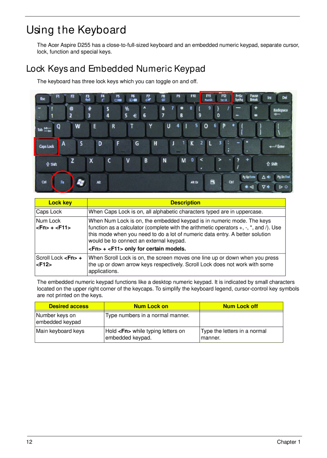 Acer D255 manual Using the Keyboard, Lock Keys and Embedded Numeric Keypad 