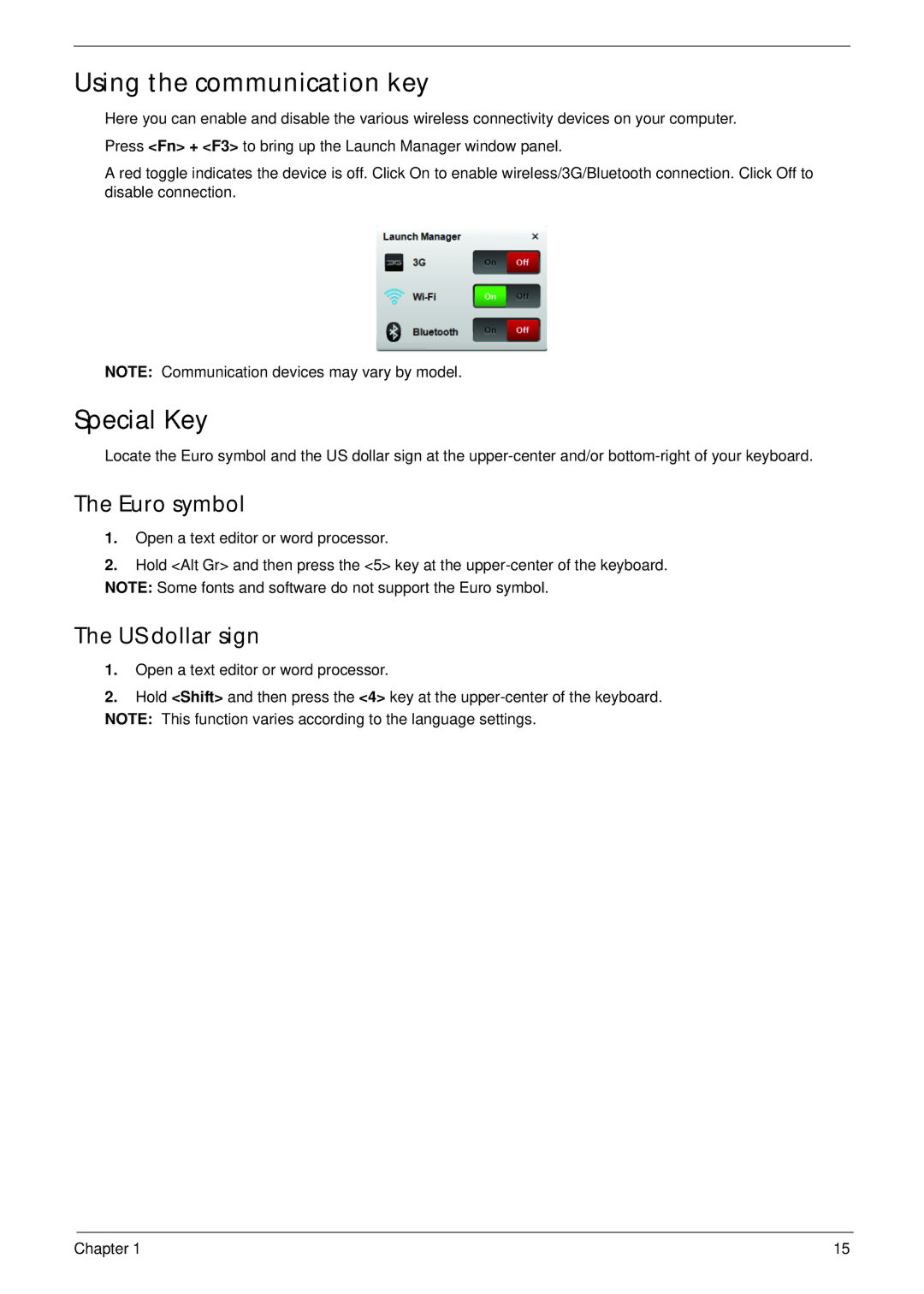 Acer D255 manual Using the communication key, Special Key, Euro symbol, US dollar sign 