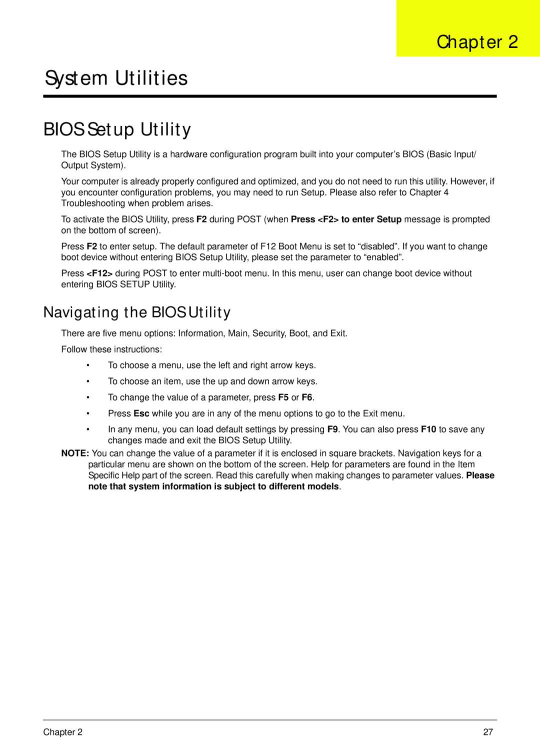 Acer D255 manual Bios Setup Utility, Navigating the Bios Utility 