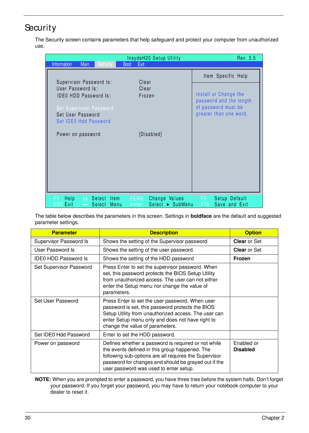 Acer D255 manual Security, Parameter Description Option, Clear or Set, Frozen, Disabled 