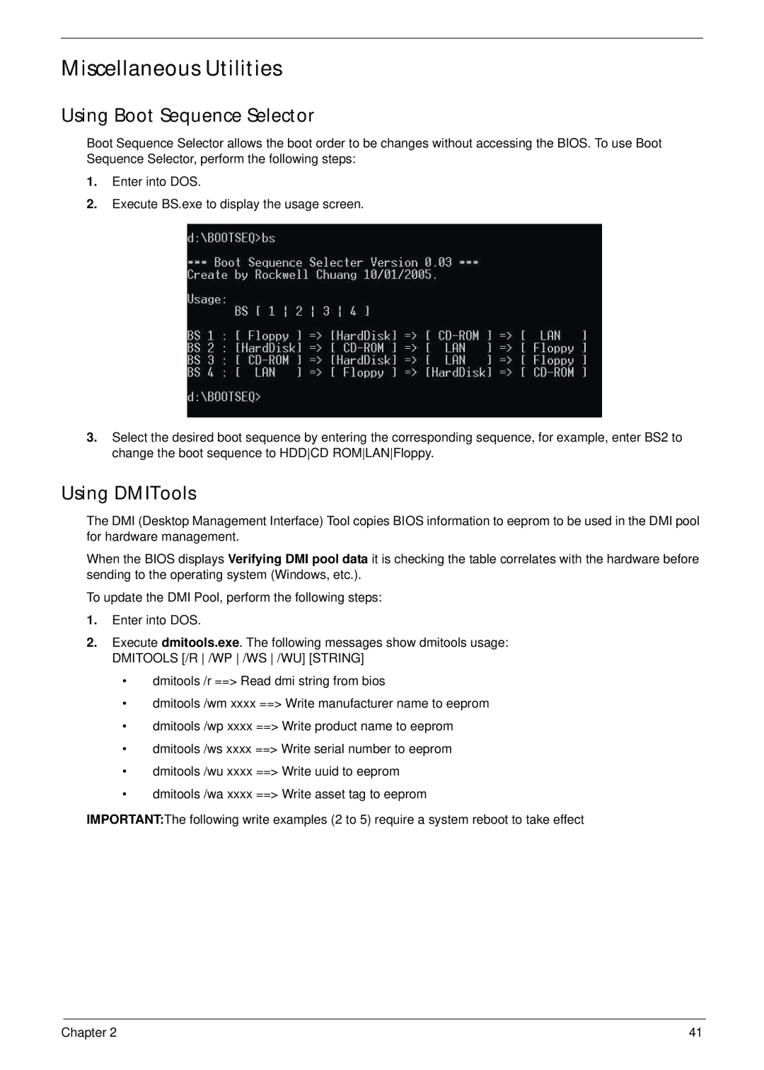 Acer D255 manual Miscellaneous Utilities, Using Boot Sequence Selector, Using DMITools 