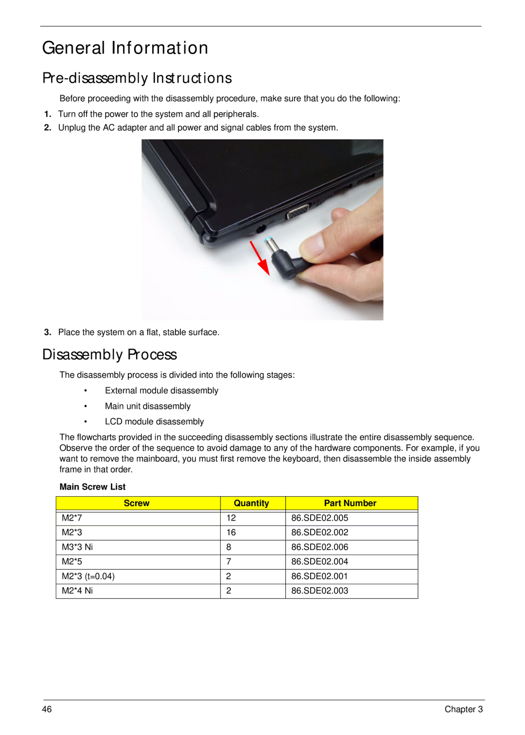 Acer D255 General Information, Pre-disassembly Instructions, Disassembly Process, Main Screw List Quantity Part Number 