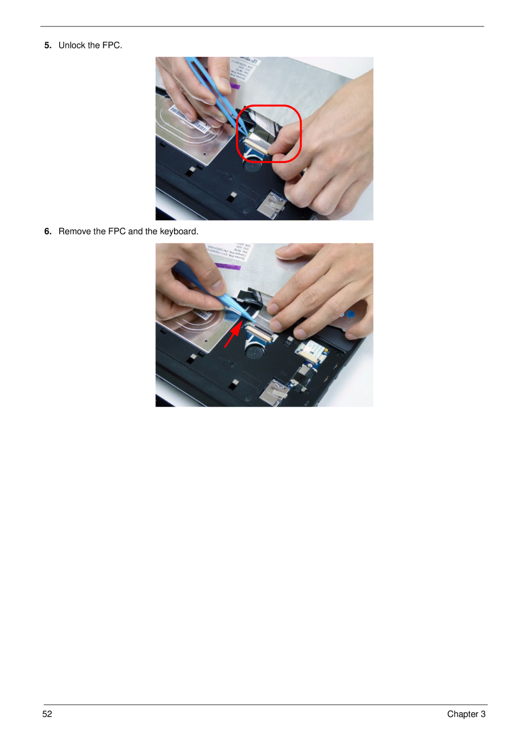 Acer D255 manual Unlock the FPC Remove the FPC and the keyboard 