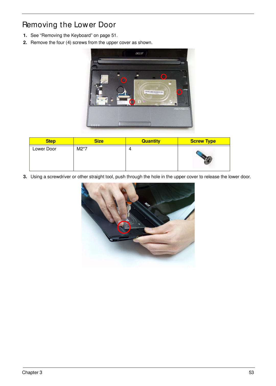 Acer D255 manual Removing the Lower Door, Step Size Quantity Screw Type Lower Door M2*7 