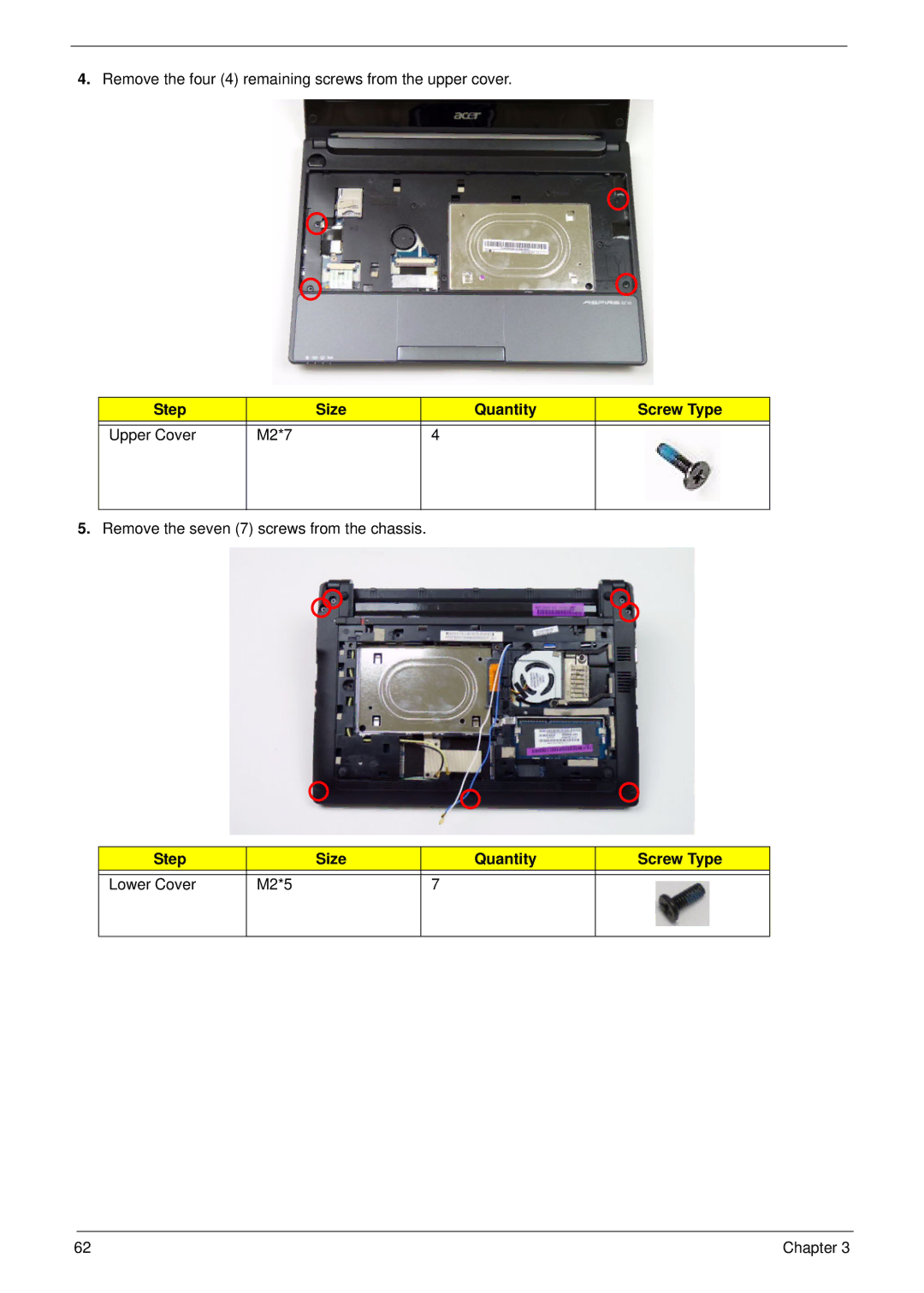 Acer D255 manual Step Size Quantity Screw Type Upper Cover M2*7, Step Size Quantity Screw Type Lower Cover M2*5 