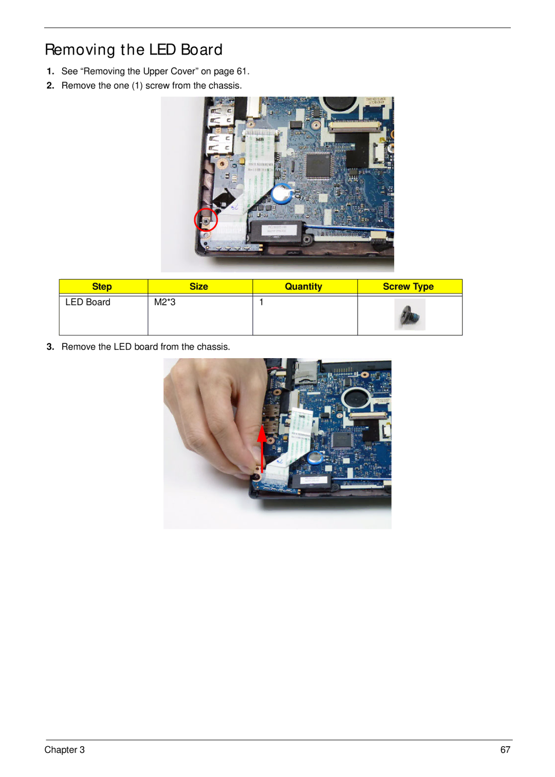 Acer D255 manual Removing the LED Board, Step Size Quantity Screw Type LED Board M2*3 