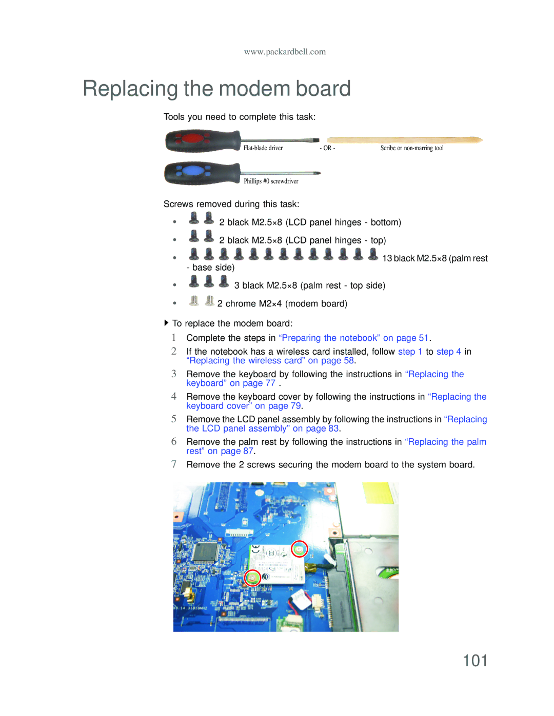 Acer DT85 manual Replacing the modem board, 101 