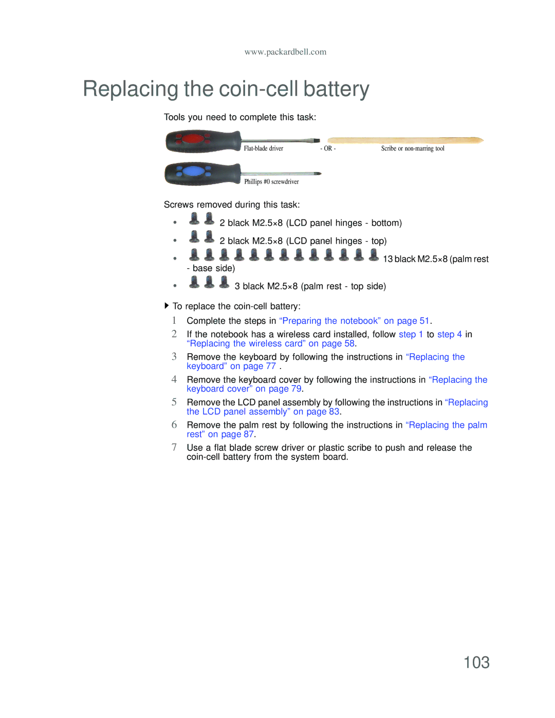 Acer DT85 manual Replacing the coin-cell battery, 103 