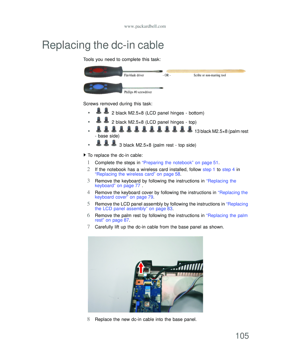 Acer DT85 manual Replacing the dc-in cable, 105 