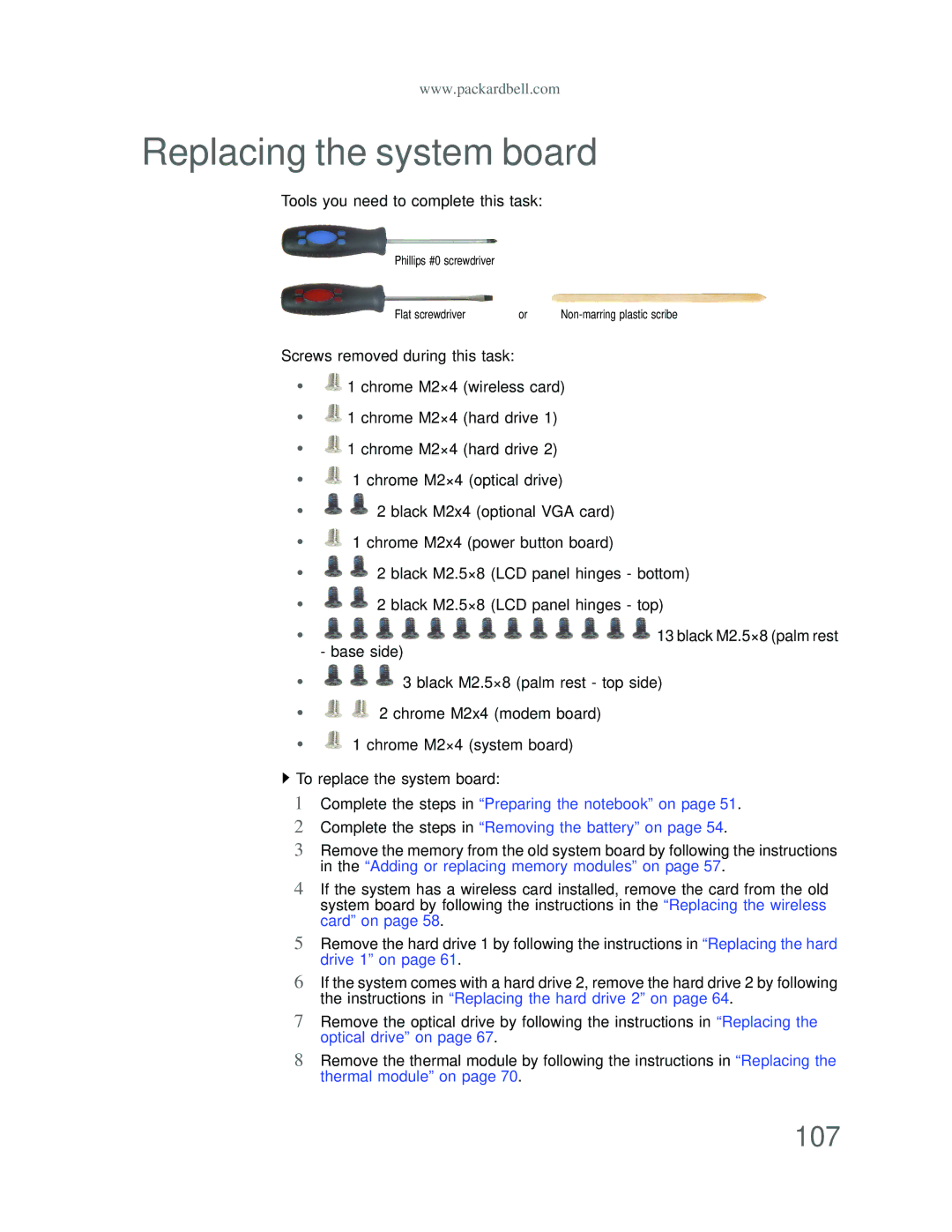 Acer DT85 manual Replacing the system board, 107 