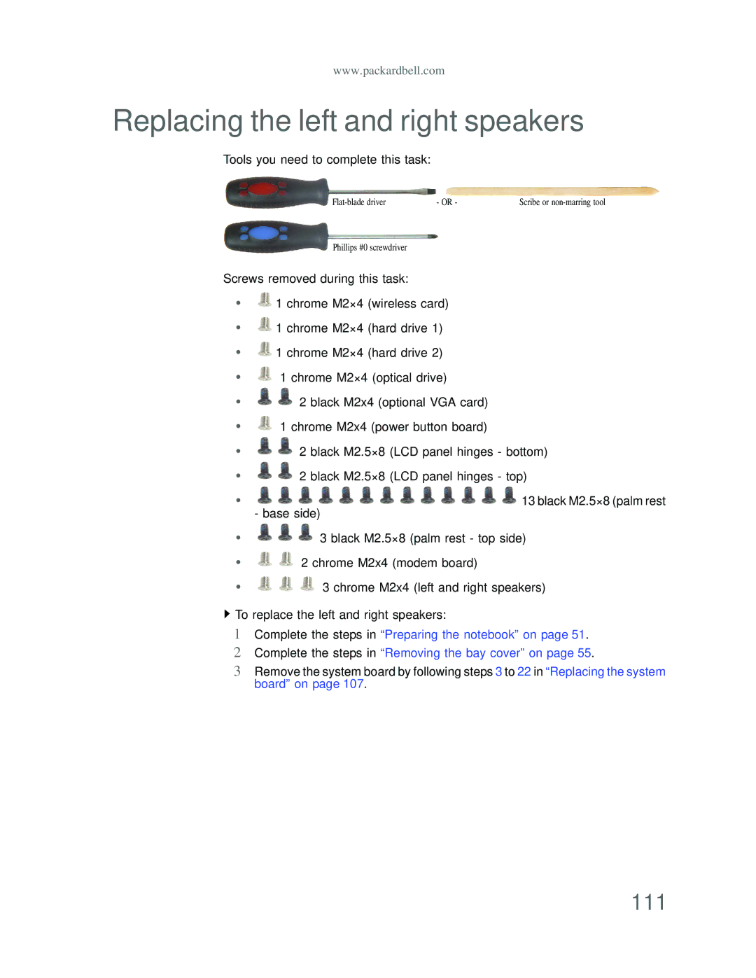 Acer DT85 manual Replacing the left and right speakers, 111 