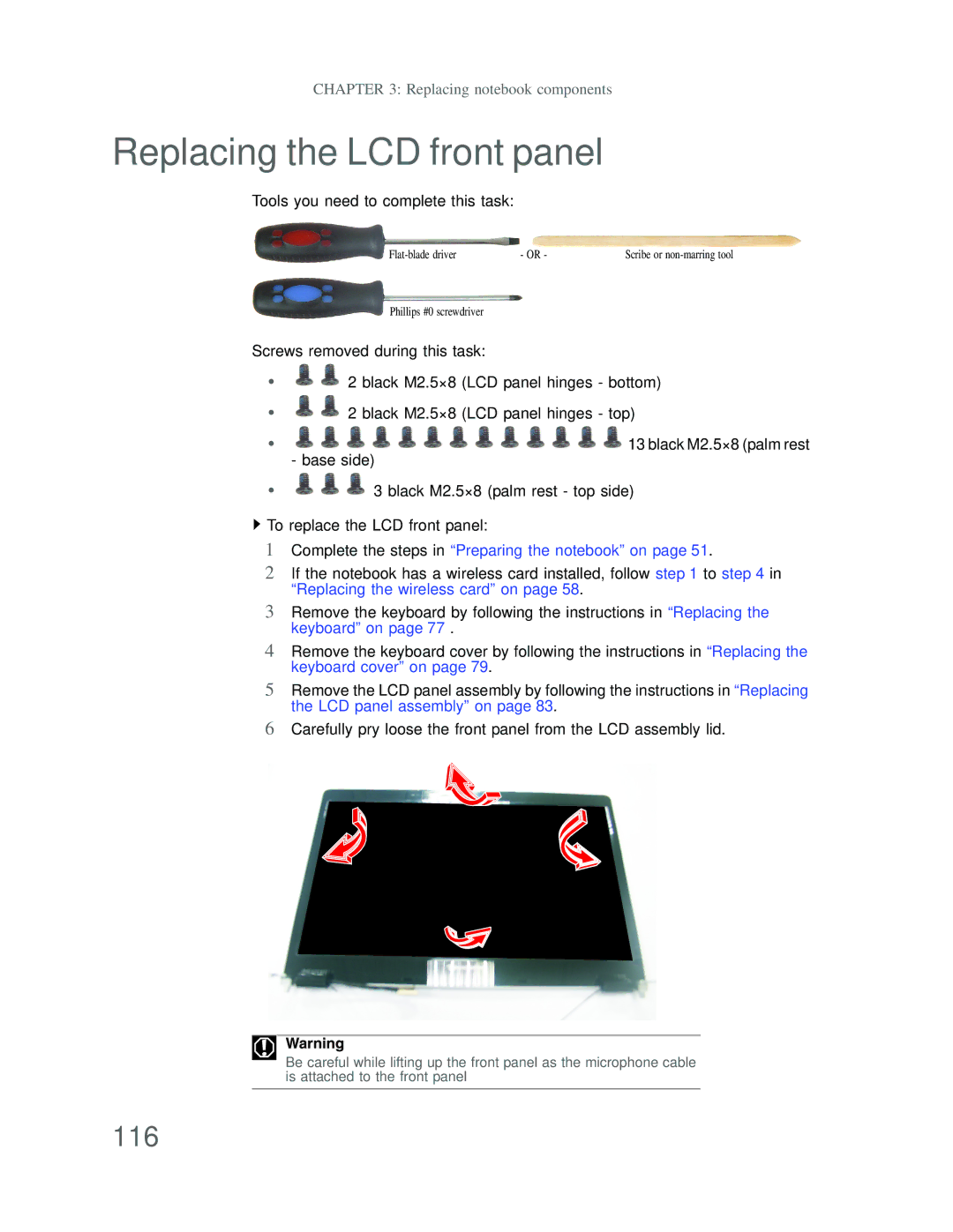 Acer DT85 manual Replacing the LCD front panel, 116 