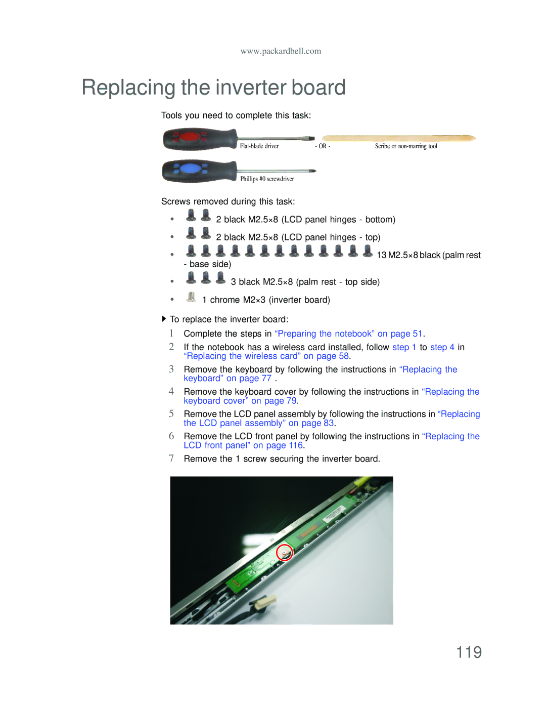 Acer DT85 manual Replacing the inverter board, 119 