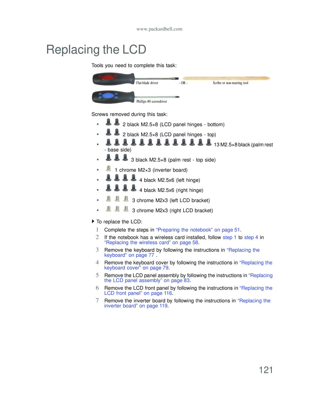 Acer DT85 manual Replacing the LCD, 121 