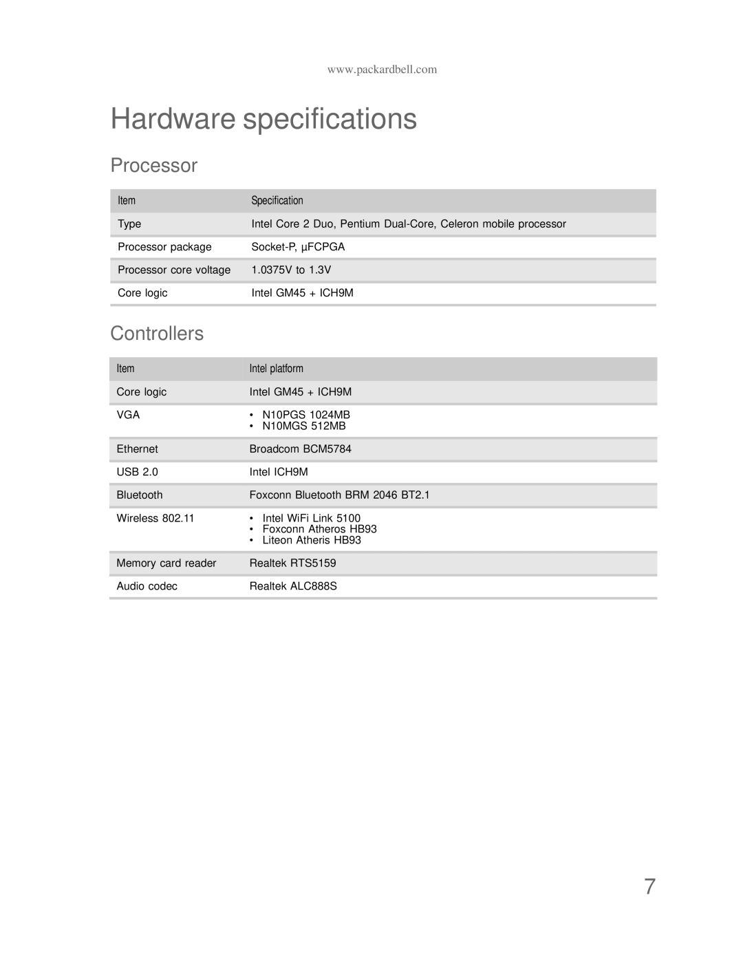 Acer DT85 manual Hardware specifications, Processor, Controllers, Specification, Intel platform 