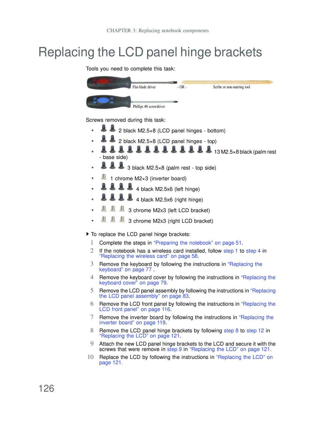 Acer DT85 manual Replacing the LCD panel hinge brackets, 126 