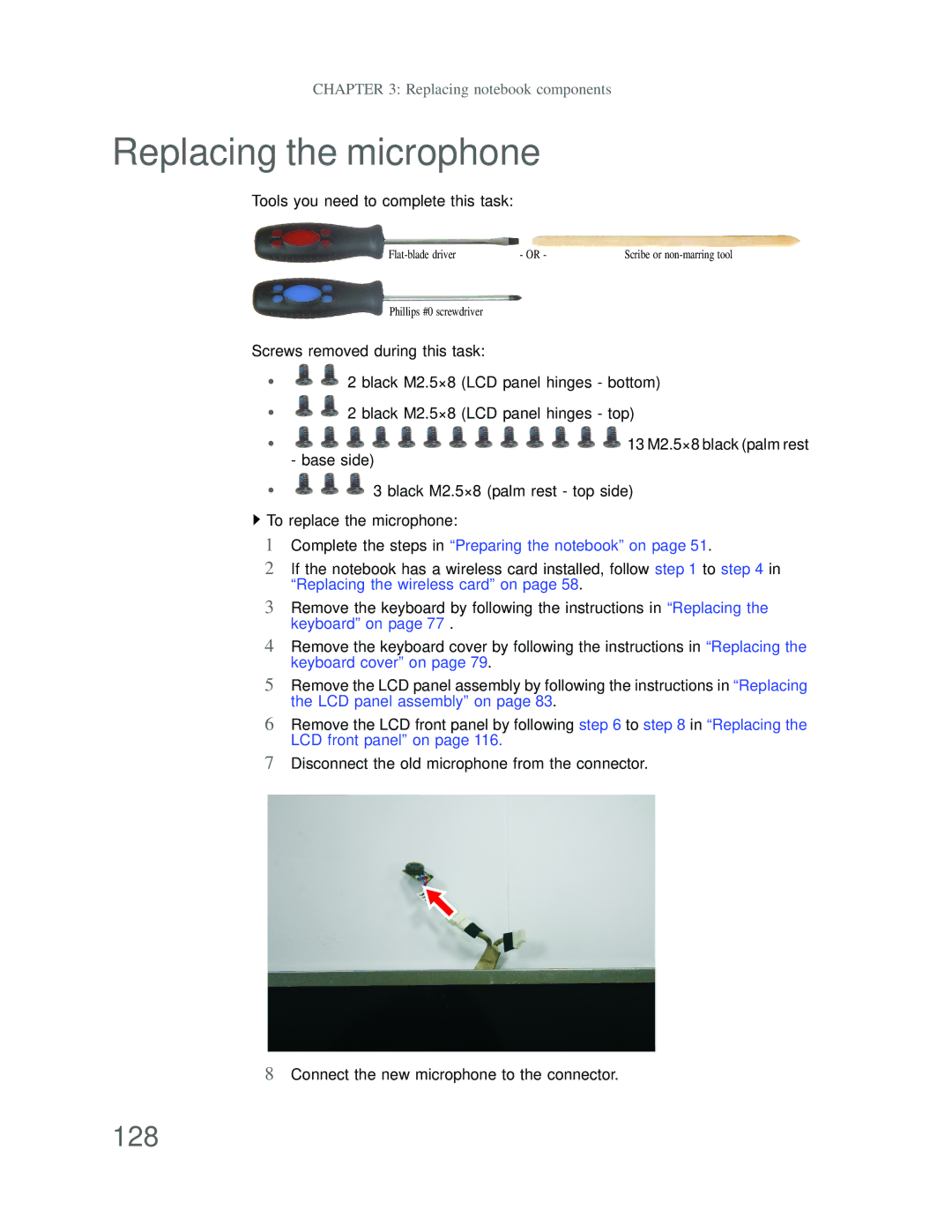 Acer DT85 manual Replacing the microphone, 128 