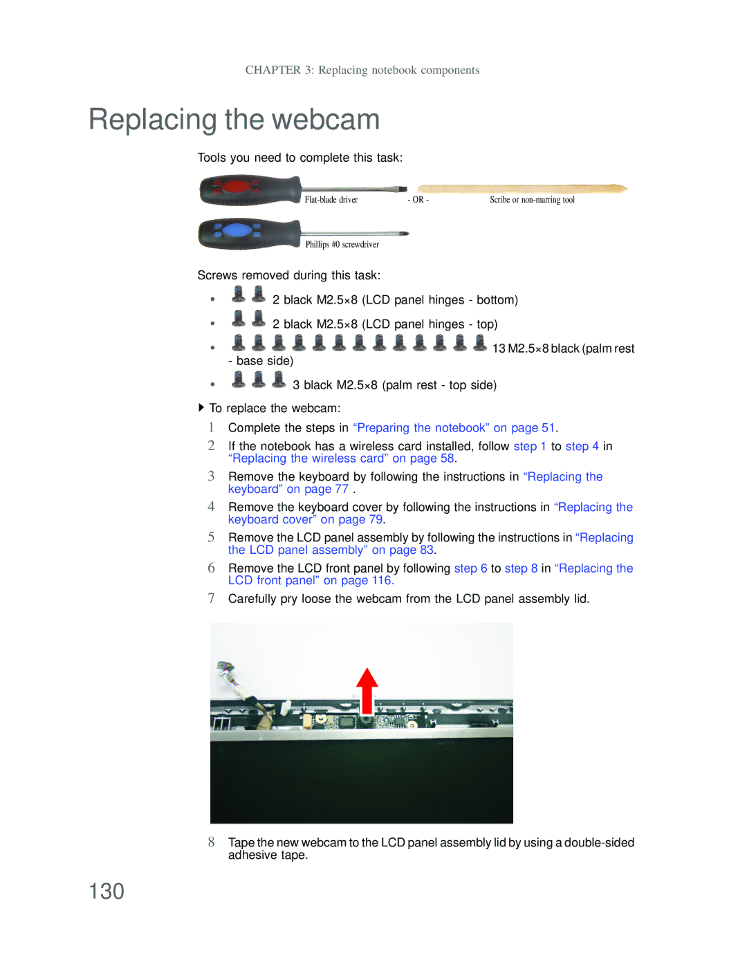 Acer DT85 manual Replacing the webcam, 130 