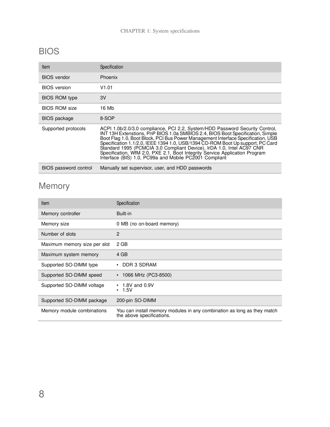 Acer DT85 manual Bios, Memory 