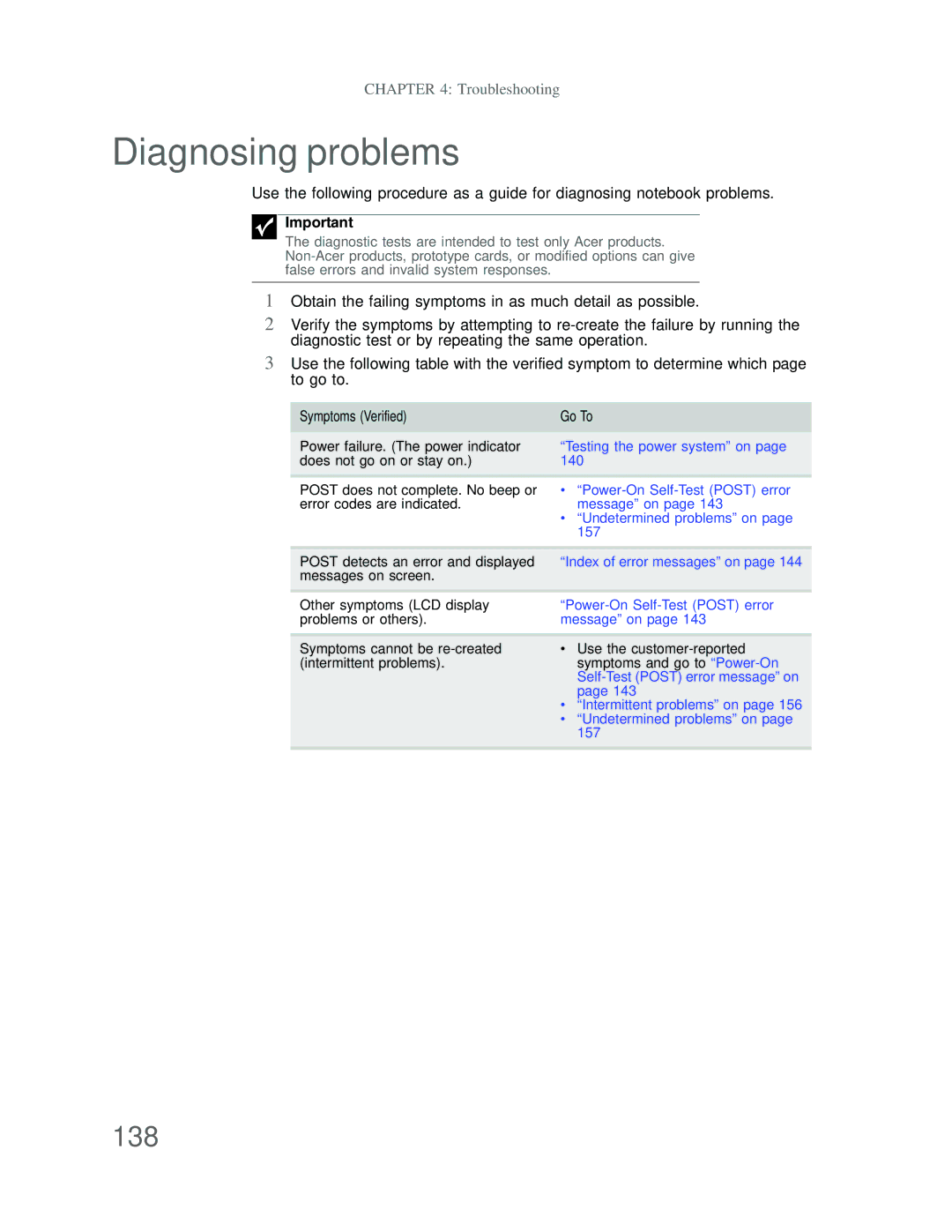 Acer DT85 manual Diagnosing problems, 138 