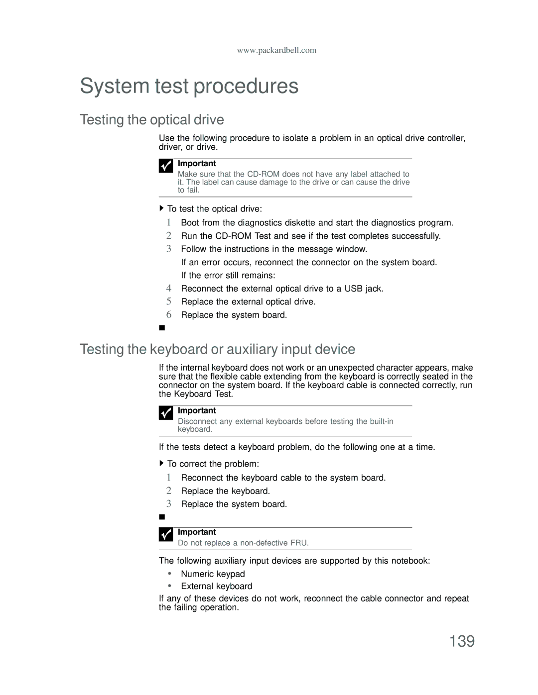 Acer DT85 manual System test procedures, 139, Testing the optical drive, Testing the keyboard or auxiliary input device 