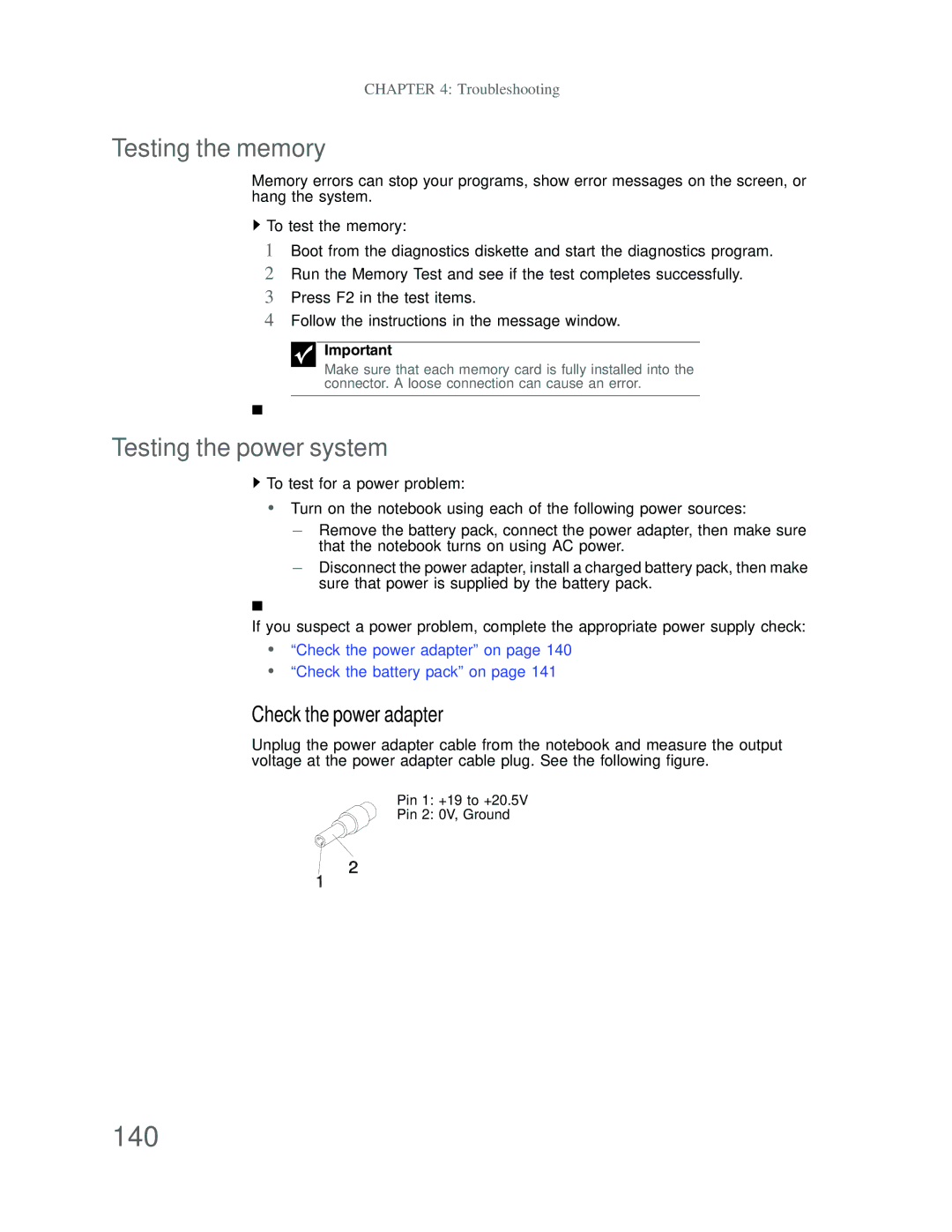 Acer DT85 manual 140, Testing the memory, Testing the power system 