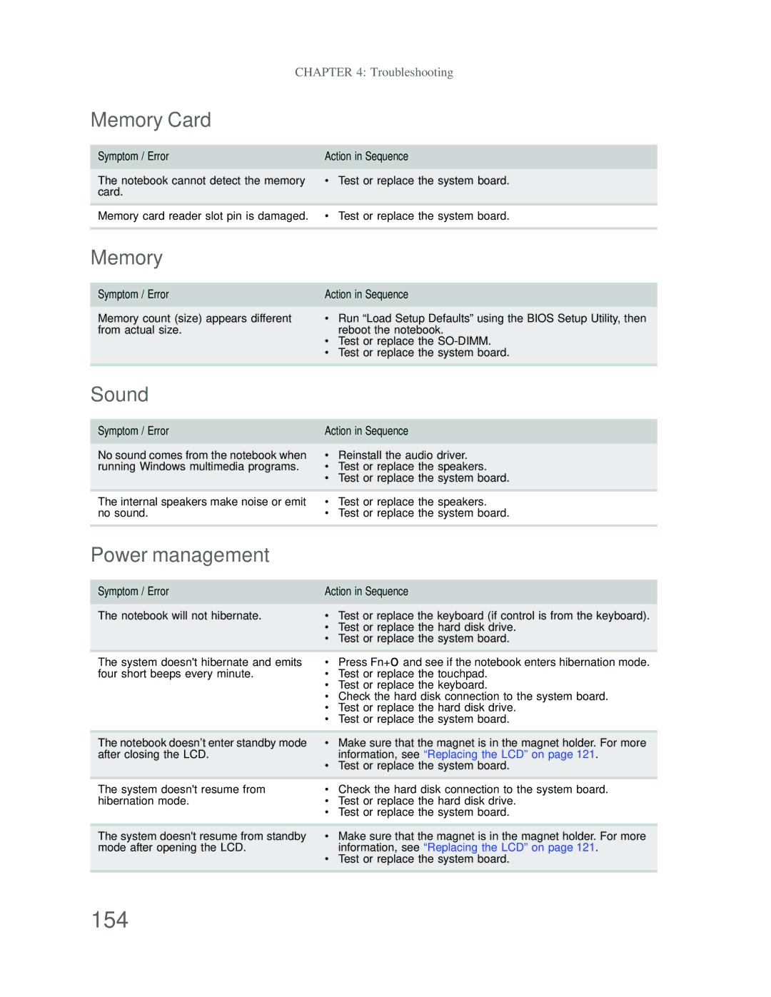 Acer DT85 manual 154, Memory Card, Sound 